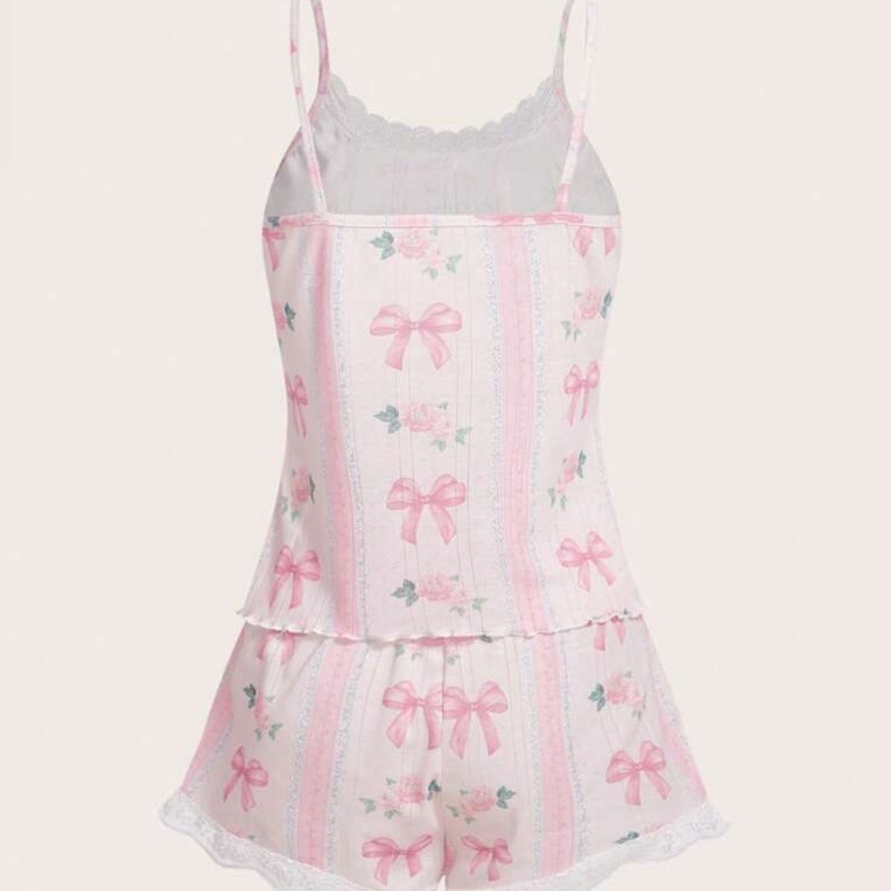 ROMWE Kawaii Bow Print Lettuce Trim PJ Set - Picture 2 of 3